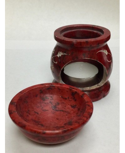 Red Marble Soapstone Hand Carved Tealight & Aroma Oil Burner Diffuser Spa